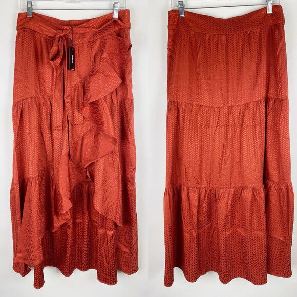 Express Dark Orange Silky Ruffled Tiered Midi‎ Faux Wrap Skirt - Size M NWT - Picture 1 of 5
